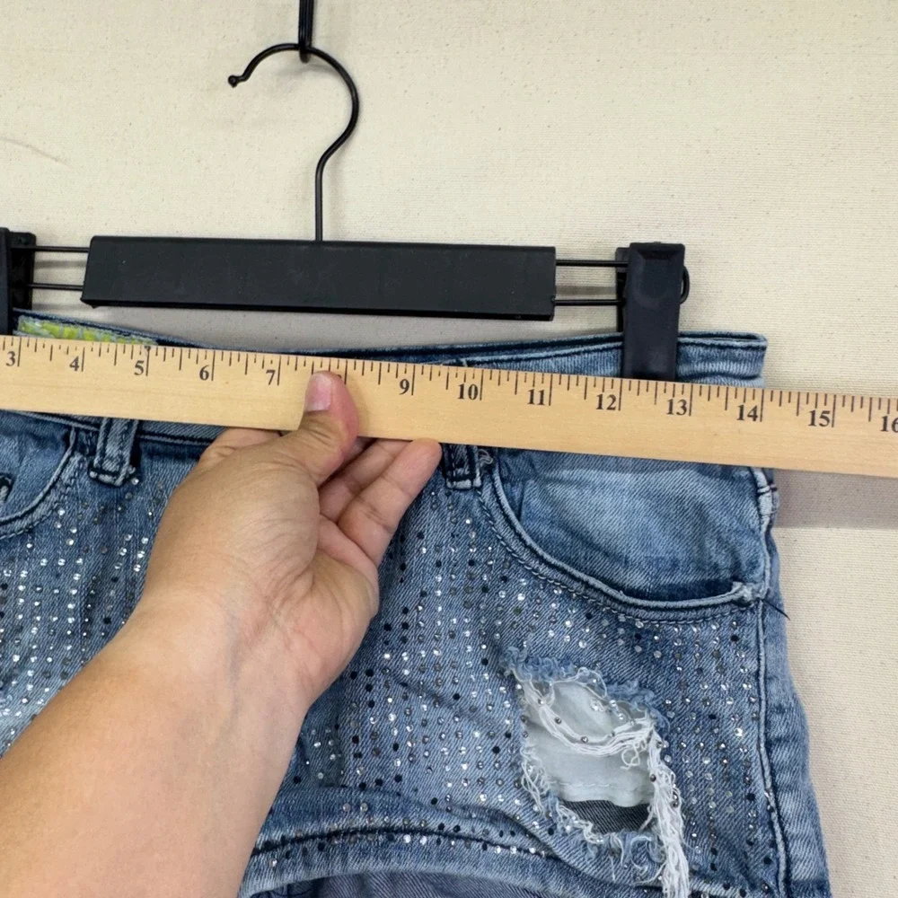Machine Jeans Denim‎ Shorts Size 26 Blue Rhinestone Distressed Y2K McBling